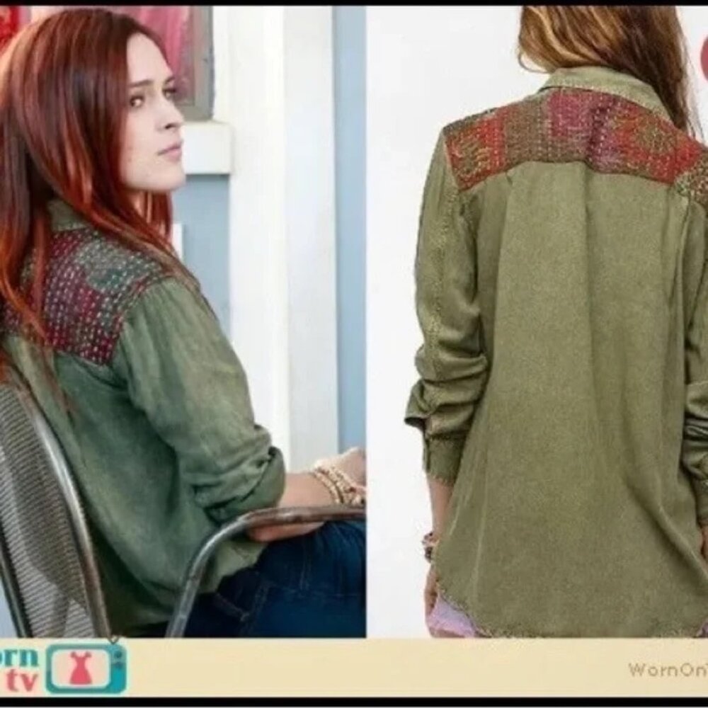 Staring At Stars Shirt Womens X‎ Small Patched Buttondown Military Green Boho